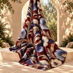Luxurious botanical print with ornate gold, deep blue, and silver floral details on a rich burgundy background. - Image 2