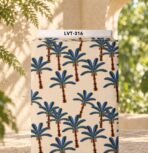 Playful palm tree print with deep blue leaves and warm brown trunks on a soft cream background.