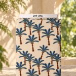 Playful palm tree print with deep blue leaves and warm brown trunks on a soft cream background.
