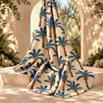 Playful palm tree print with deep blue leaves and warm brown trunks on a soft cream background. - Image 2