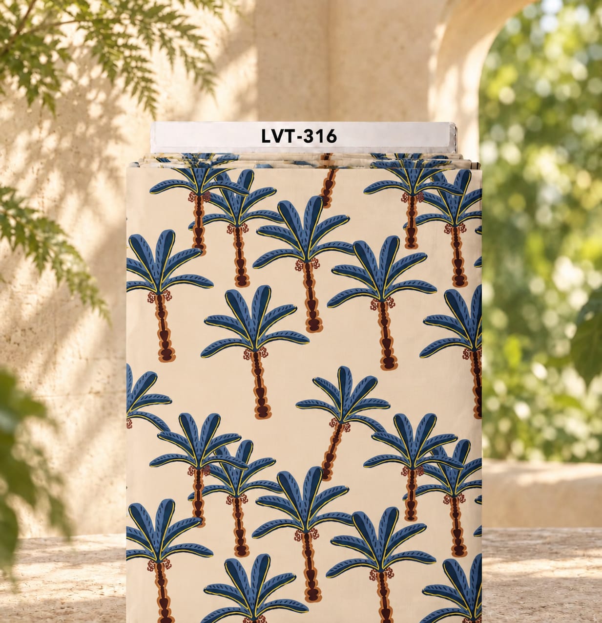 LVT-316 Playful palm tree print with deep blue leaves and warm brown trunks on a soft cream background. - Image 1