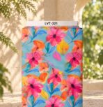 Vibrant watercolor floral print with pink and orange blooms, blue leaves, and yellow accents on a fresh aqua background.