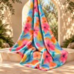 Vibrant watercolor floral print with pink and orange blooms, blue leaves, and yellow accents on a fresh aqua background. - Image 2