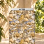 Elegant floral print with ivory and golden beige blooms, accented by delicate blue flowers on a soft taupe background.