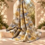 Elegant floral print with ivory and golden beige blooms, accented by delicate blue flowers on a soft taupe background. - Image 2