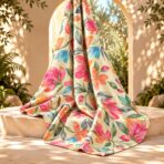 Bright watercolor floral print with pink, orange, and blue blooms accented by soft green leaves on a warm cream background - Image 2