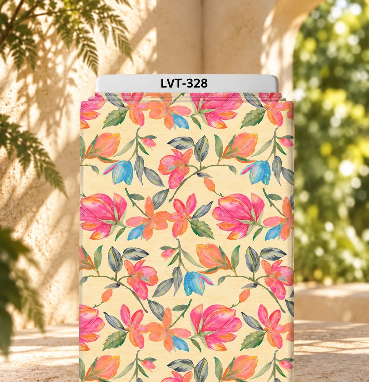 LVT-328 Bright watercolor floral print with pink, orange, and blue blooms accented by soft green leaves on a warm cream background - Image 1