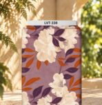 Elegant ivory floral print with deep plum and warm amber leaves on a soft mauve background.