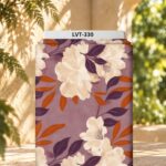 Elegant ivory floral print with deep plum and warm amber leaves on a soft mauve background.