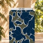 Bold navy floral silhouettes with crisp white outlines on a muted olive background.