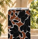 Bold black floral silhouettes with crisp white outlines on a warm brown background.