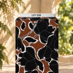 Bold black floral silhouettes with crisp white outlines on a warm brown background.