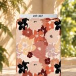 Elegant layered florals in black, peach, terracotta, and soft blush tones on a warm cream background.