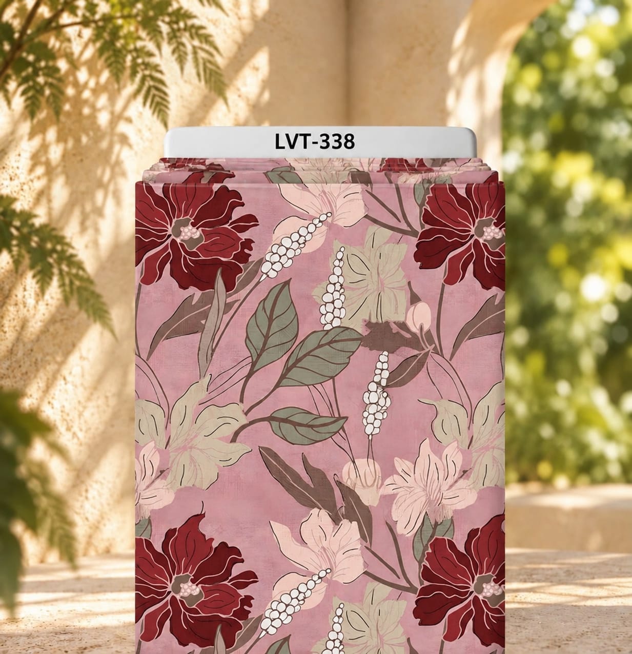 LVT-338 Elegant botanical florals in burgundy, blush, sage, and soft beige on a dusty pink background. - Image 1