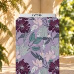 Elegant burgundy and blush florals with soft teal leaves on a muted lavender background.