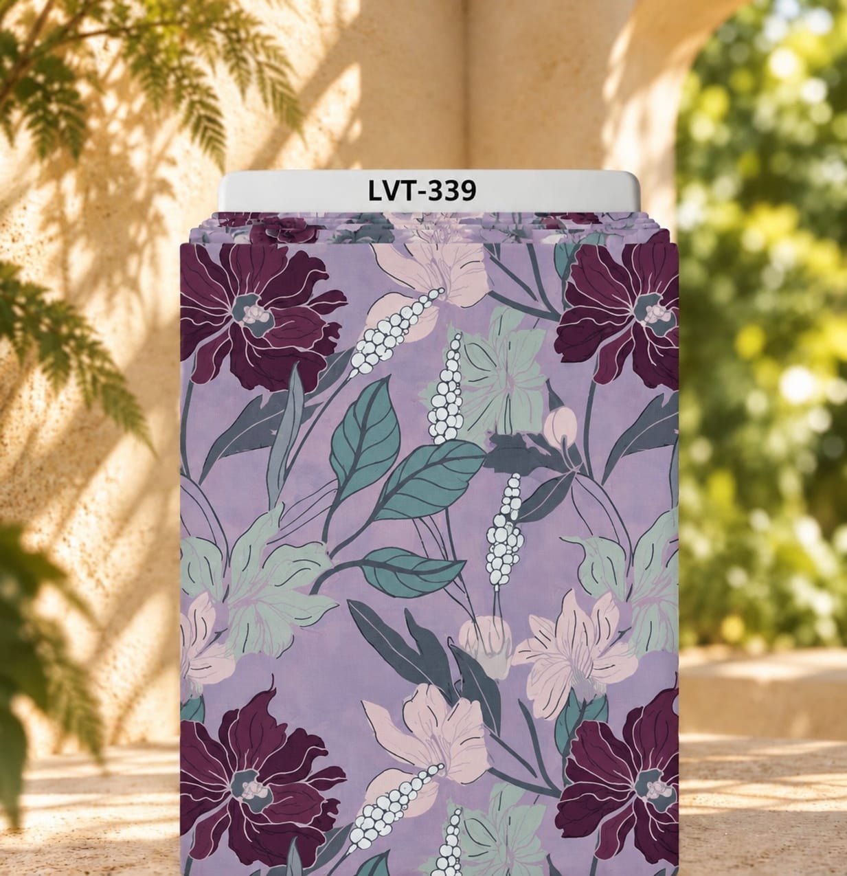 LVT-339 Elegant burgundy and blush florals with soft teal leaves on a muted lavender background. - Image 1