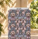 Delicate pink and blue florals with lavender foliage on a rich brown background.