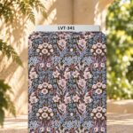 Delicate pink and blue florals with lavender foliage on a rich brown background.
