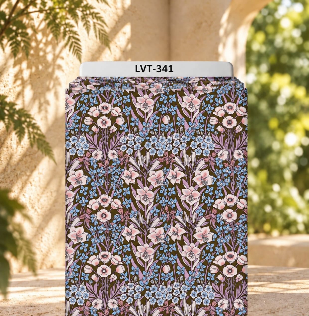 LVT-341 Delicate pink and blue florals with lavender foliage on a rich brown background. - Image 1