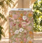 Vintage florals in soft pink, mustard, and ivory with muted green foliage.