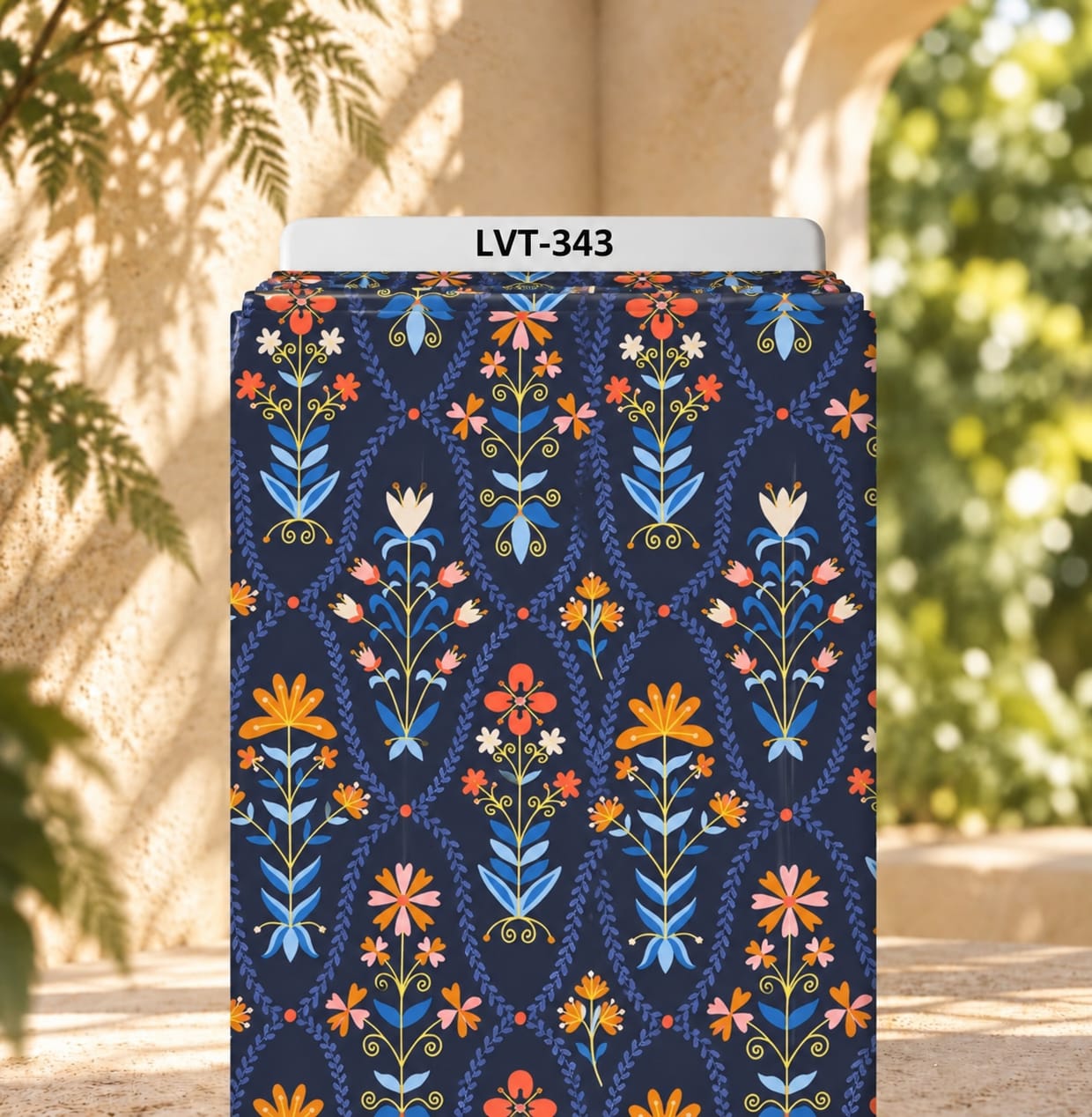 LVT-343 Folk-inspired florals in vibrant orange, blue, and pink on a deep navy background. - الصورة 1