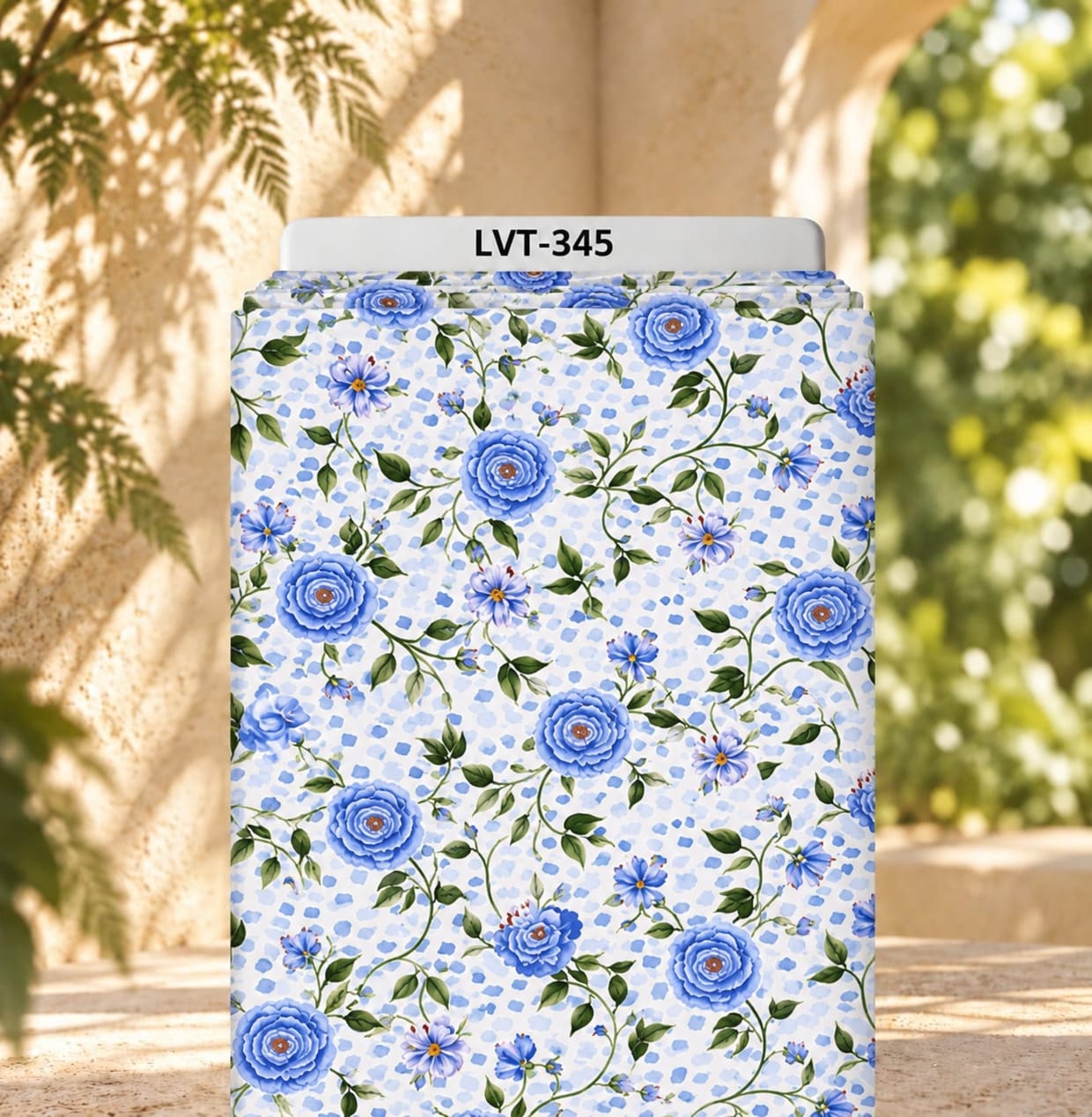 LVT-345 Fresh blue florals with delicate green vines on a soft white background. - Image 1