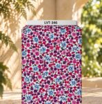 Vibrant pink, purple, and blue blossoms scattered across a crisp white background.
