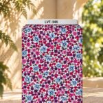 Vibrant pink, purple, and blue blossoms scattered across a crisp white background.