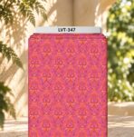 Ornamental pink motifs arranged over a vibrant orange background.