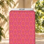 Ornamental pink motifs arranged over a vibrant orange background.