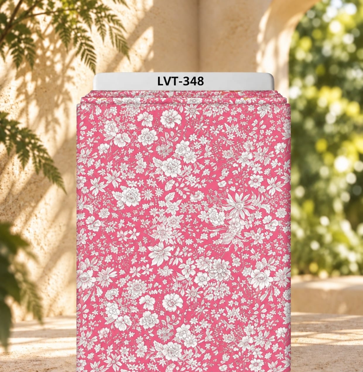 LVT-348 Delicate white florals scattered across a vibrant pink background. - Image 1