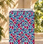 Vibrant red, blue, and purple florals scattered across a crisp white background.