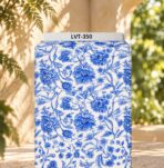 Elegant blue florals with flowing botanical details on a soft ivory background.