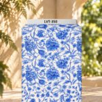 Elegant blue florals with flowing botanical details on a soft ivory background.