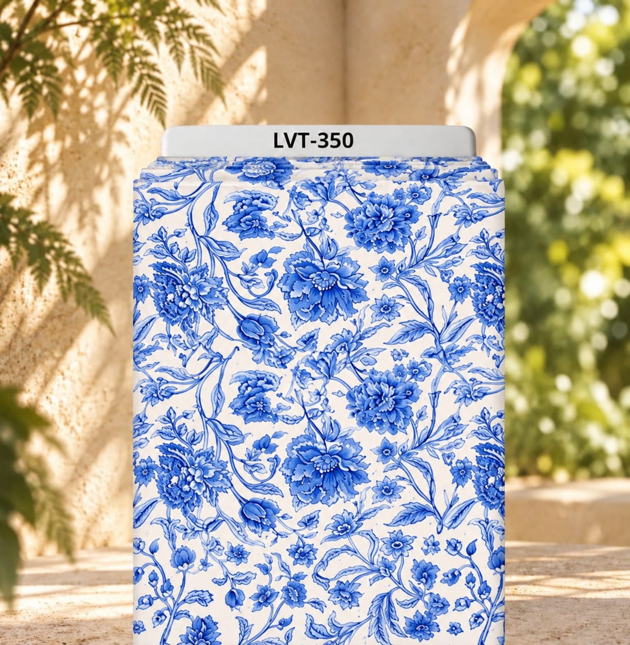 LVT-350 Elegant blue florals with flowing botanical details on a soft ivory background. - Image 1