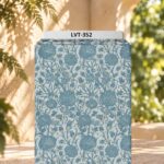 Refined blue botanical florals with delicate golden accents on a soft ivory background.