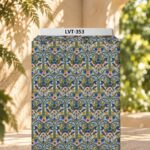 Ornate floral motifs in blue, green, and soft pink with elegant vintage details.