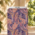 Elegant paisley motifs in warm orange and coral tones over a deep navy background.