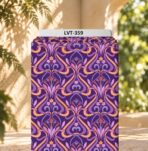 Ornamental floral motifs in rich purple, lavender, and warm peach tones.