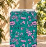 Artistic pink florals over a rich emerald green background.
