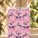 Elegant floral pattern in soft pink and mint tones over a deep purple background.