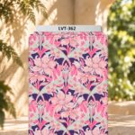 Elegant floral pattern in soft pink and mint tones over a deep purple background.