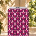 Repeating floral geometry in rich burgundy, fuchsia, and soft pink tones.