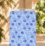 Elegant blue florals with flowing ornamental vines on a crisp white base.