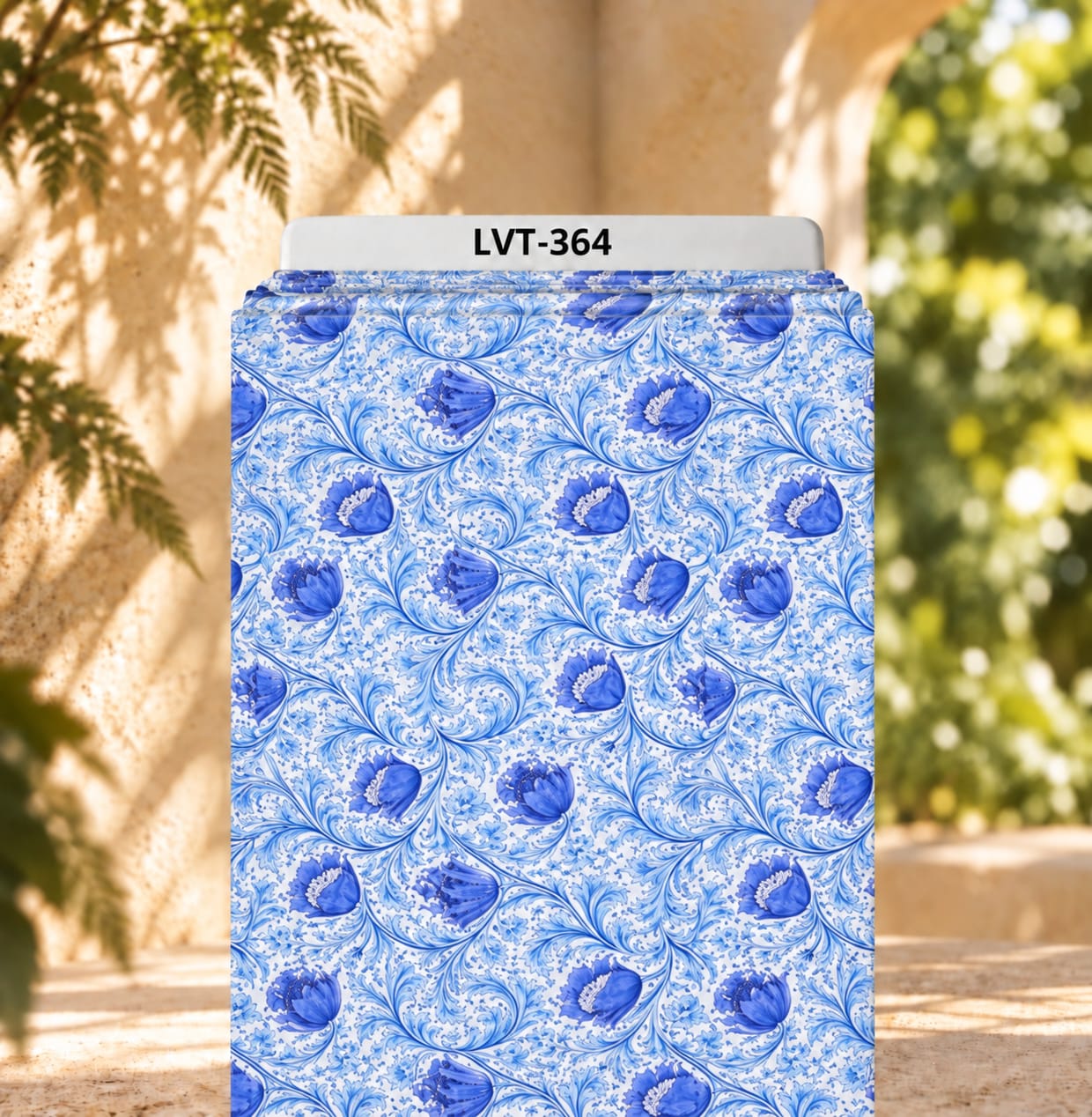 LVT-364 Elegant blue florals with flowing ornamental vines on a crisp white base. - Image 1