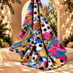 Vibrant florals, bold polka dots, and flowing colorful waves in a playful statement print. - Image 2