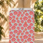 Playful coral-pink florals scattered across a soft aqua background.