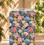 Romantic garden florals in soft pink, blue, cream, and golden tones