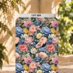 Romantic garden florals in soft pink, blue, cream, and golden tones