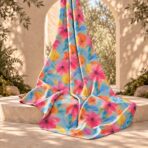 ⁦Vibrant watercolor florals in pink and orange with blue and yellow leaves on a turquoise background.⁩ - الصورة ⁦2⁩